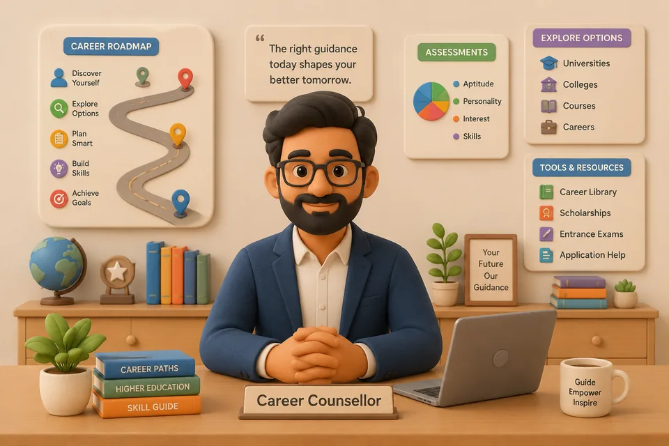 Expert NEET counsellor at a desk with a career roadmap and guidance resources