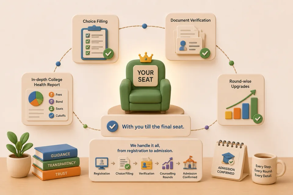 Counselling support from choice filling and document verification to round-wise upgrades, till your final seat